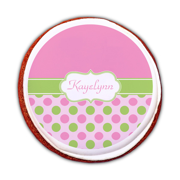Pink & Green Dots Printed Icing Circle - Medium - On Cookie