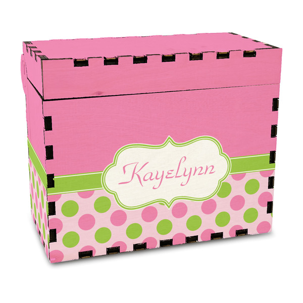 Custom Pink & Green Dots Wood Recipe Box - Full Color Print (Personalized)