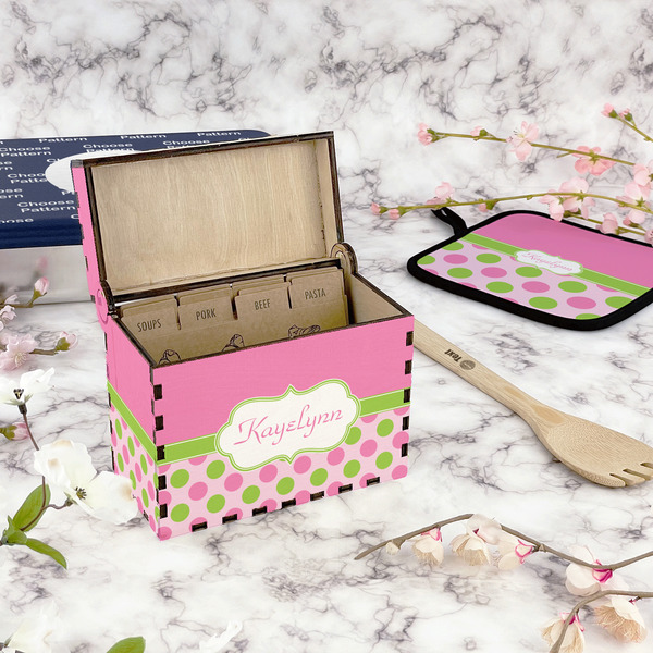 Pink & Green Dots Recipe Box - Full Color - In Context