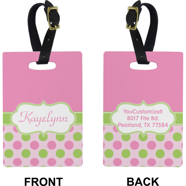 Pink & Green Dots Rectangle Luggage Tag (Front + Back)