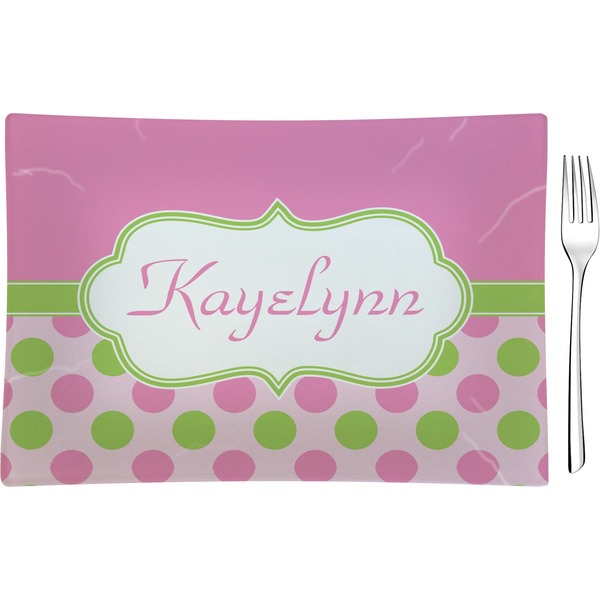 Custom Pink & Green Dots Rectangular Glass Appetizer / Dessert Plate - Single or Set (Personalized)