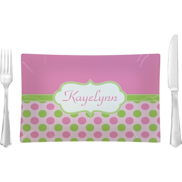 Custom Pink & Green Dots Glass Rectangular Lunch / Dinner Plate w/ Name or Text