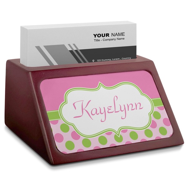 Custom Pink & Green Dots Red Mahogany Business Card Holder (Personalized)