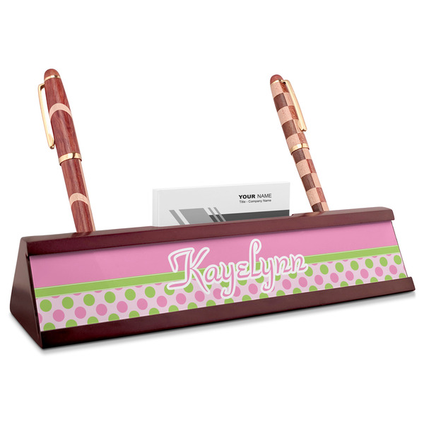 Custom Pink & Green Dots Red Mahogany Nameplate with Business Card Holder (Personalized)