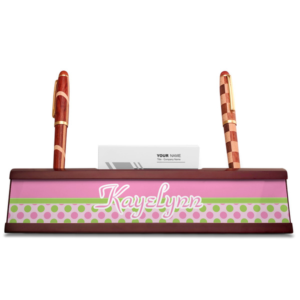 Pink & Green Dots Red Mahogany Nameplates with Business Card Holder - Straight