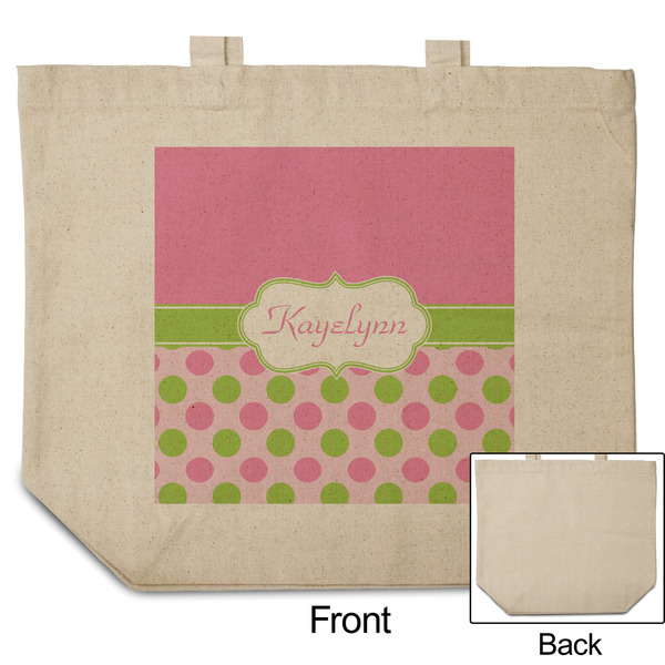 Pink & Green Dots Reusable Cotton Grocery Bag - Front & Back View