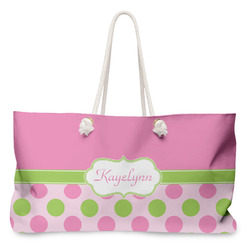 Pink & Green Dots Large Tote Bag with Rope Handles (Personalized)