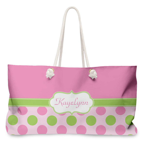 Custom Pink & Green Dots Large Tote Bag with Rope Handles (Personalized)