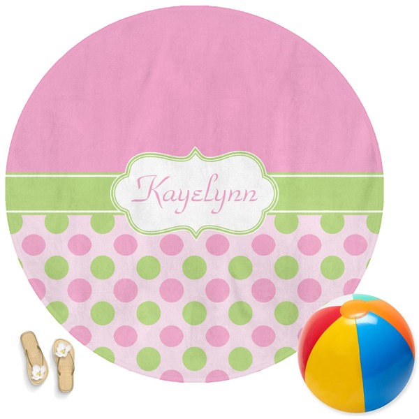 Custom Pink & Green Dots Round Beach Towel (Personalized)