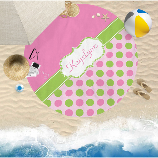Pink & Green Dots Round Beach Towel Lifestyle