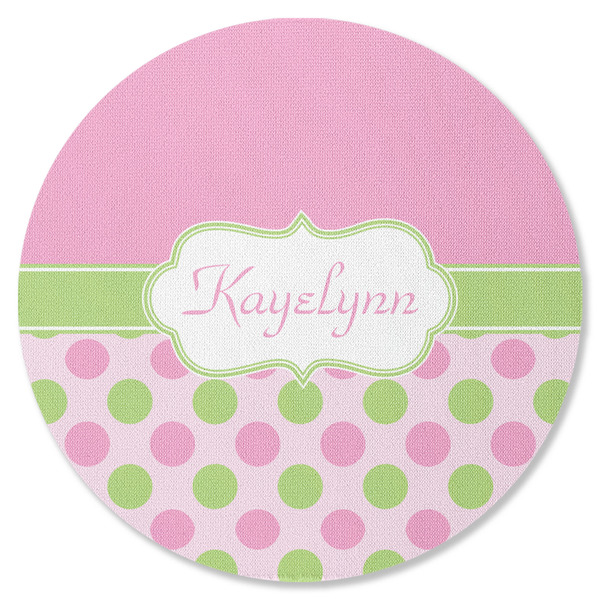 Custom Pink & Green Dots Round Rubber Backed Coaster (Personalized)