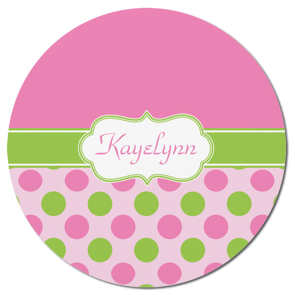 Pink & Green Dots Round Fridge Magnet - FRONT