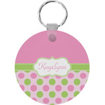Pink & Green Dots Round Plastic Keychain (Personalized)
