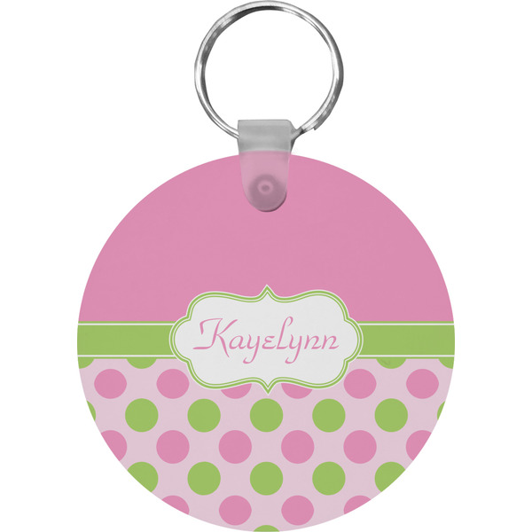 Custom Pink & Green Dots Round Plastic Keychain (Personalized)