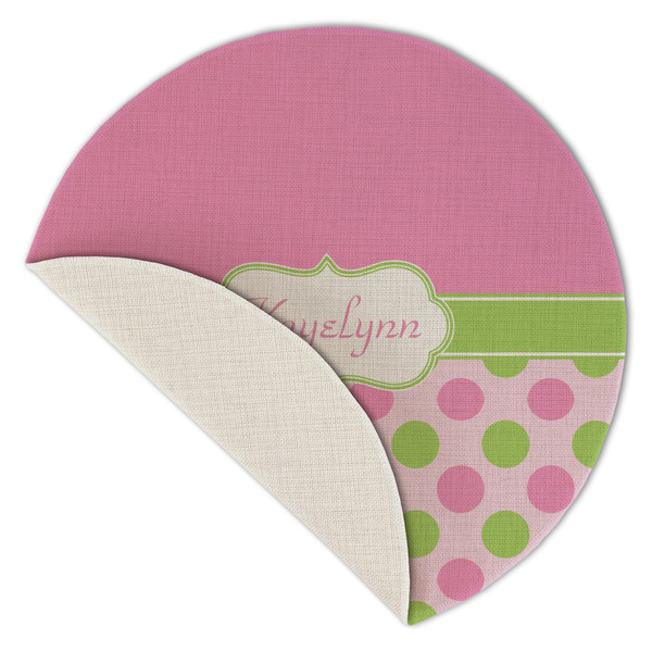 Pink & Green Dots Round Linen Placemats - Front (folded corner single sided)