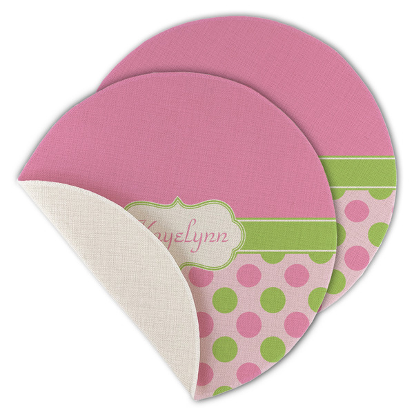 Custom Pink & Green Dots Round Linen Placemat - Single Sided - Set of 4 (Personalized)