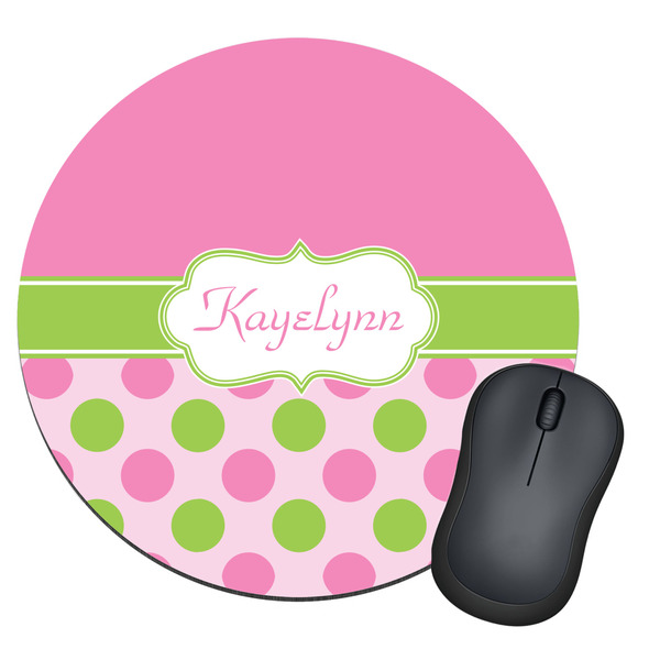 Custom Pink & Green Dots Round Mouse Pad (Personalized)