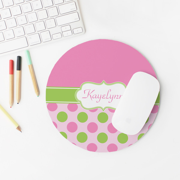 Pink & Green Dots Round Mousepad - LIFESTYLE 2