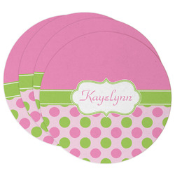 Pink & Green Dots Round Paper Coasters w/ Name or Text