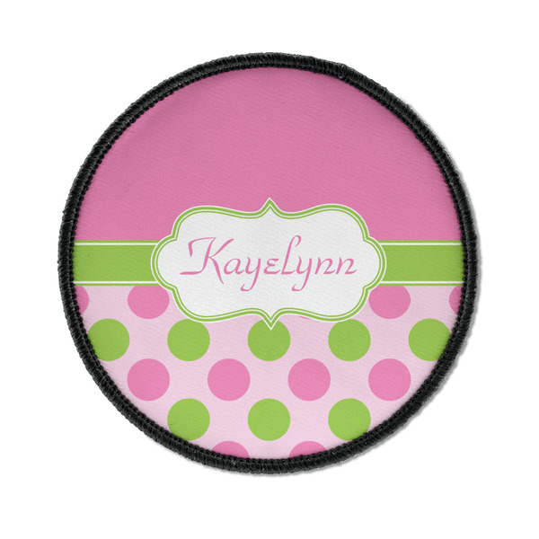 Custom Pink & Green Dots Iron On Round Patch w/ Name or Text
