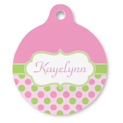Pink & Green Dots Round Pet ID Tag (Personalized)