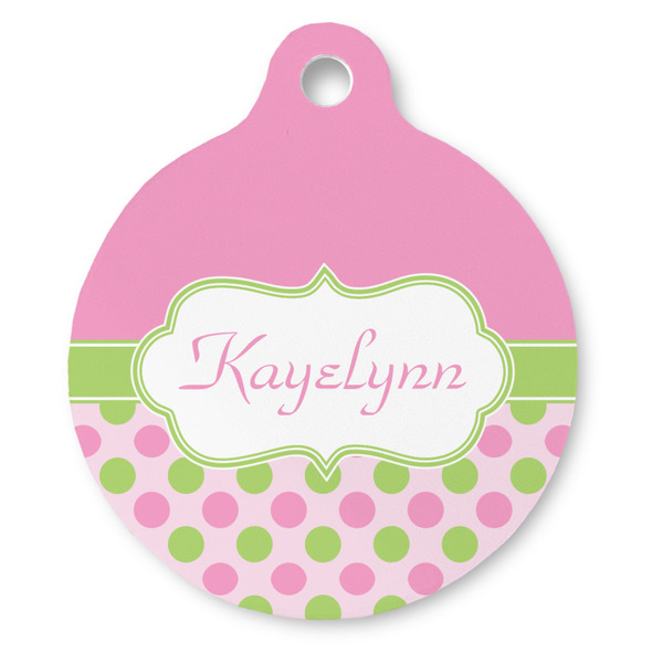 Custom Pink & Green Dots Round Pet ID Tag (Personalized)