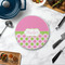 Pink & Green Dots Round Stone Trivet - In Context View