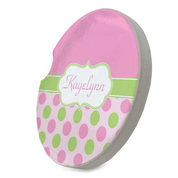 Pink & Green Dots Sandstone Car Coaster - STANDING ANGLE