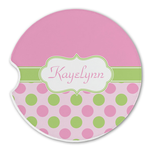 Custom Pink & Green Dots Sandstone Car Coaster - Single (Personalized)