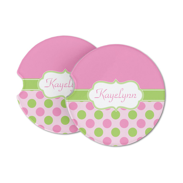Custom Pink & Green Dots Sandstone Car Coasters - Set of 2 (Personalized)
