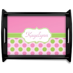 Pink & Green Dots Black Wooden Tray - Large (Personalized)