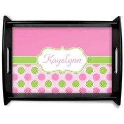 Pink & Green Dots Black Wooden Tray - Large (Personalized)