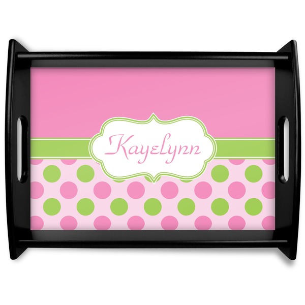 Custom Pink & Green Dots Black Wooden Tray - Large (Personalized)