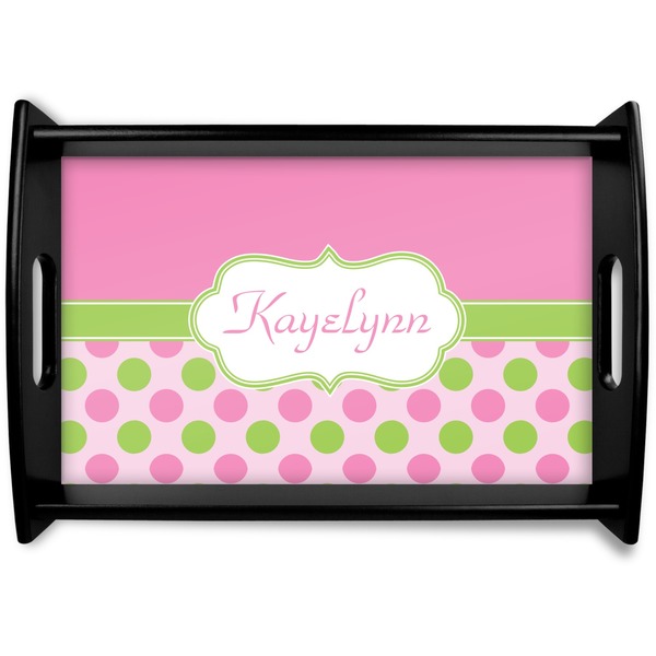Custom Pink & Green Dots Black Wooden Tray - Small (Personalized)