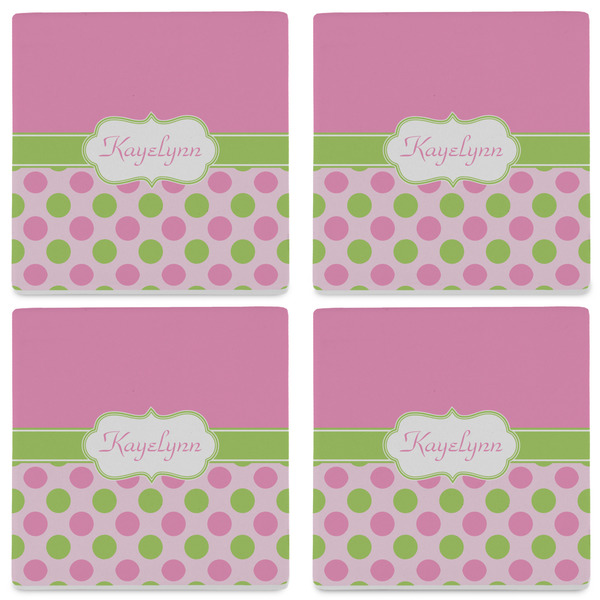 Pink & Green Dots Set of 4 Sandstone Coasters - See All 4 View