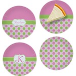 Pink & Green Dots Set of 4 Glass Appetizer / Dessert Plate 8" (Personalized)