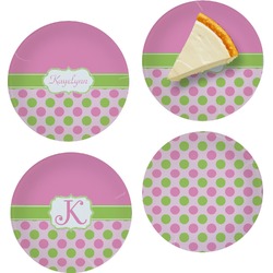 Pink & Green Dots Set of 4 Glass Appetizer / Dessert Plate 8" (Personalized)