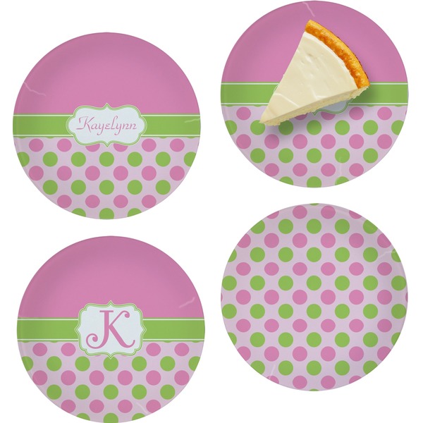Custom Pink & Green Dots Set of 4 Glass Appetizer / Dessert Plate 8" (Personalized)