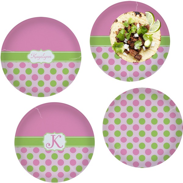 Custom Pink & Green Dots Set of 4 Glass Lunch / Dinner Plate 10" (Personalized)