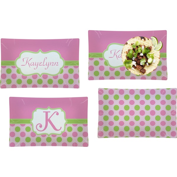 Custom Pink & Green Dots Set of 4 Glass Rectangular Lunch / Dinner Plate w/ Name or Text