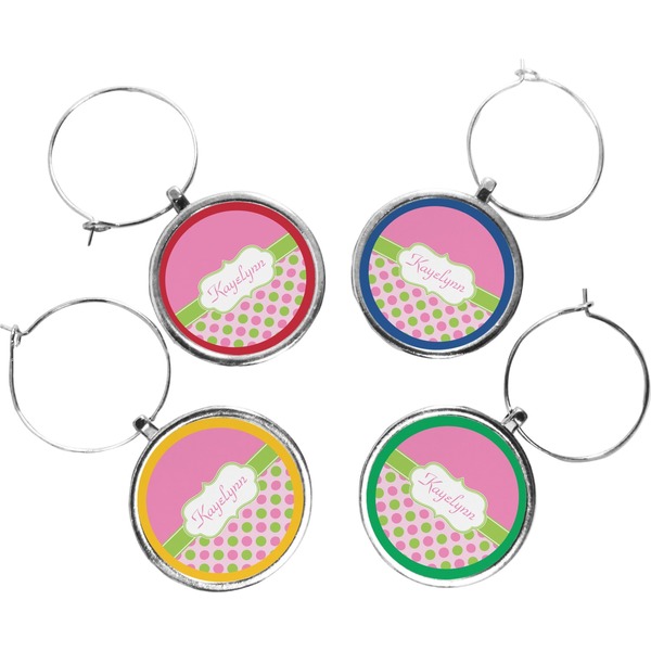 Custom Pink & Green Dots Wine Charms (Set of 4) (Personalized)