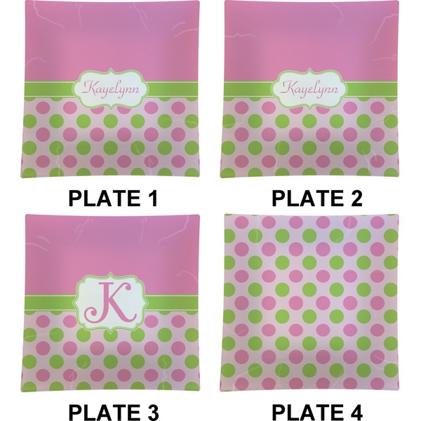 Pink & Green Dots Set of Square Dinner Plates (Approval)