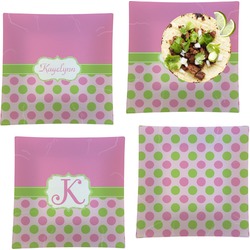 Pink & Green Dots Set of 4 Glass Square Lunch / Dinner Plate 9.5" (Personalized)