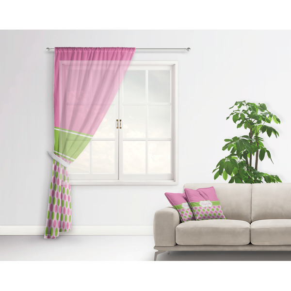 Pink & Green Dots Sheer Curtain With Window and Rod - in Room Matching Pillow