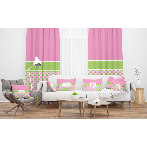 Pink & Green Dots Sheer and Custom Curtains in Room with Matching Pillows