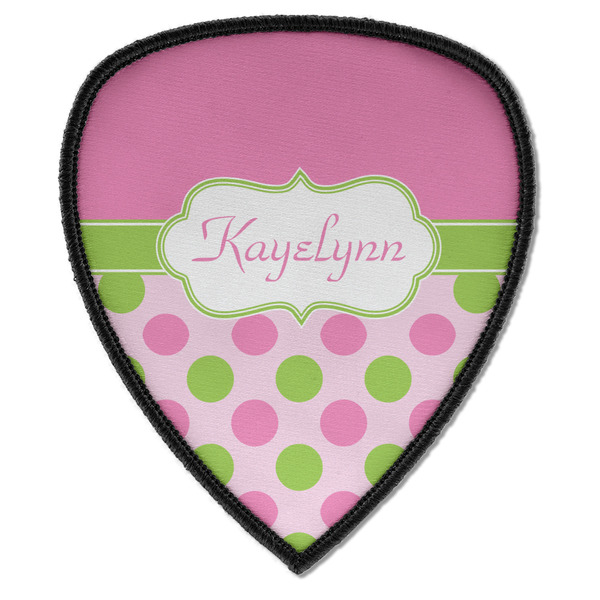 Custom Pink & Green Dots Iron on Shield Patch A w/ Name or Text