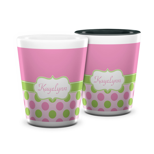 Custom Pink & Green Dots Ceramic Shot Glass - 1.5 oz (Personalized)