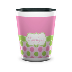 Pink & Green Dots Ceramic Shot Glass - 1.5 oz - Two Tone - Set of 4 (Personalized)