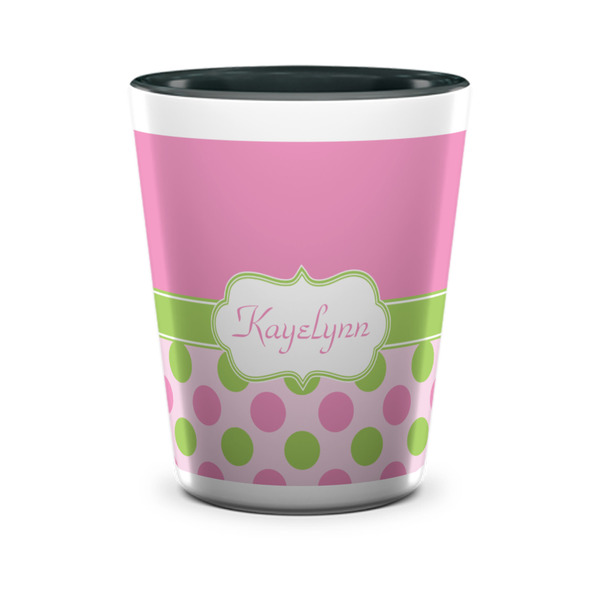 Custom Pink & Green Dots Ceramic Shot Glass - 1.5 oz - Two Tone - Set of 4 (Personalized)