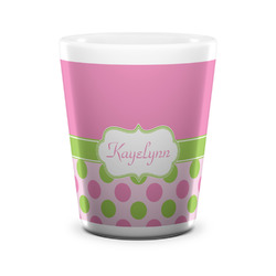 Pink & Green Dots Ceramic Shot Glass - 1.5 oz - White - Set of 4 (Personalized)